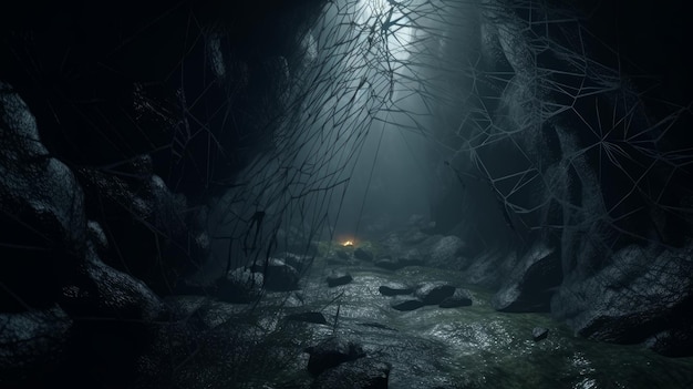 Mysterious dark cave with glowing light in the dark