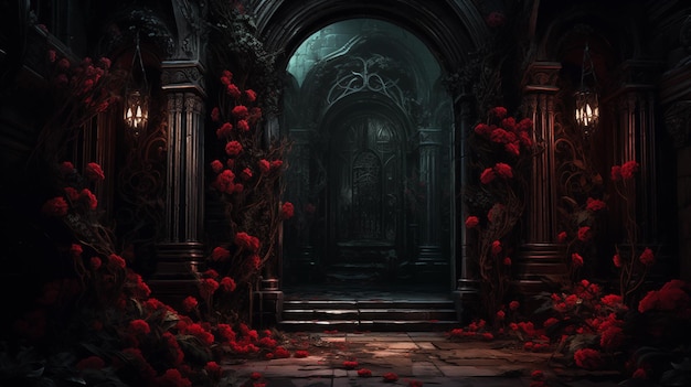 Mysterious dark corridor with red roses