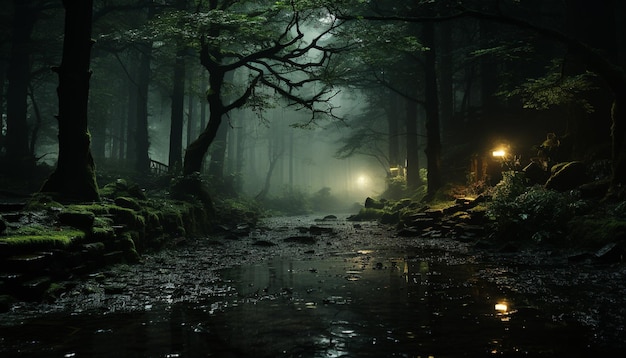 Mysterious dark forest tranquil scene wet autumn leaves spooky night generated by artificial intelligence