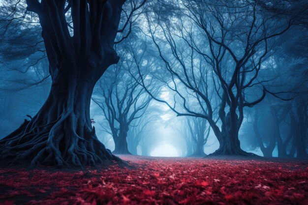 Mysterious dark forest with fog and red leaves Halloween concept