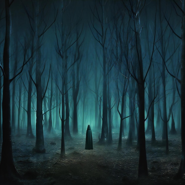 Mysterious dark forest with fog and a witch halloween background