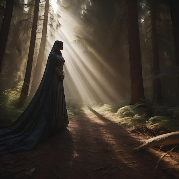 Mysterious dark forest with a woman in a blue cloak generative ai