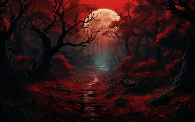 Mysterious Deep Forest with Red Moon 1610 Aspect Ratio