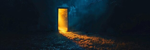 Таинственная дверь, излучающая свет, метафора поиска сна в темноте.