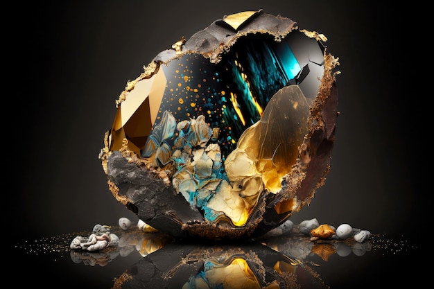 금빛 반사와 광물 수정이 있는 신비한 흙의 돌