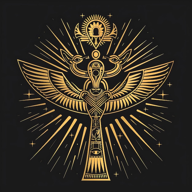 Photo mysterious egyptian ankh logo with scarab and lotus for deco tshirt tattoo ink outline cnc simple