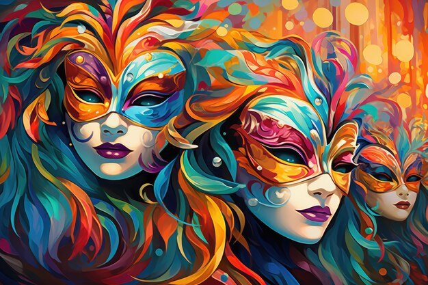 Фото Таинственная элегантная женщина в украшенной карнавальной маске и красочных перьях генеративный ии