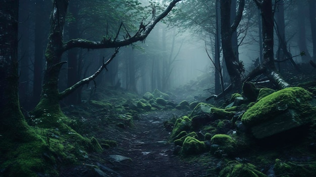 Mysterious enchanted forest with fog and mist