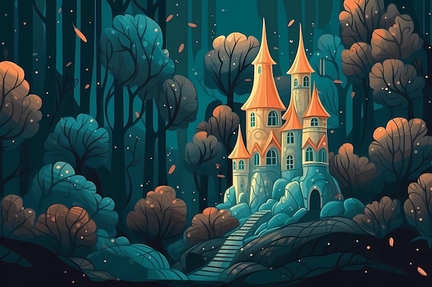 A mysterious enchanted forest with a hidden castle