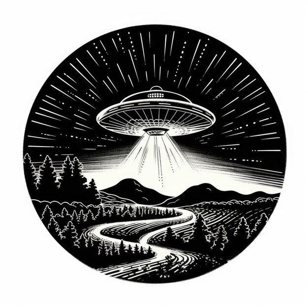 Mysterious Encounter A Breathtaking Black and White LinoPrint of a UFO Illuminated by a Wide Tract