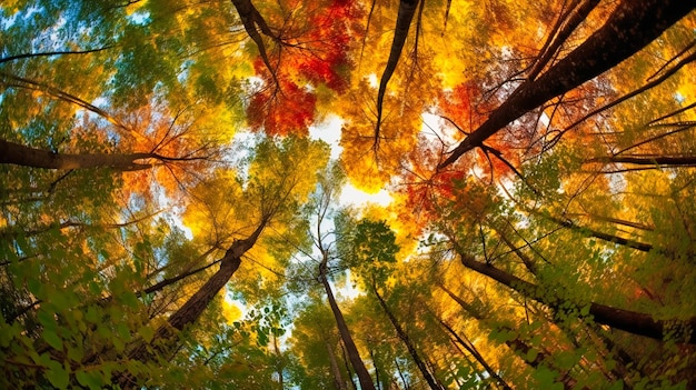 そびえ立つ木々が早朝の霧に包まれる神秘的で幽玄な森の風景