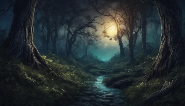 Mysterious Fantasy Dark Night of The Forest behang