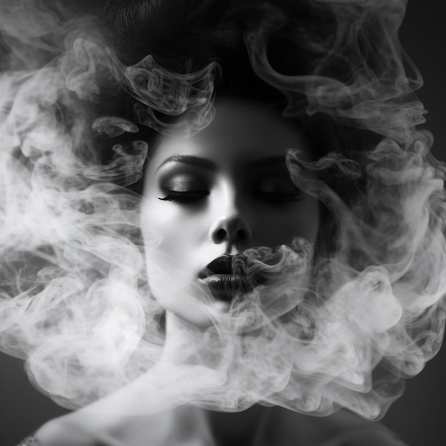 Photo mysterious fashion close up woman portrait in smoke monochrome style high fashion photo the concept