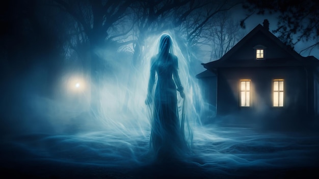 Mysterious female ghost silhouette veiled in translucent fabric emerges from fog in backyard