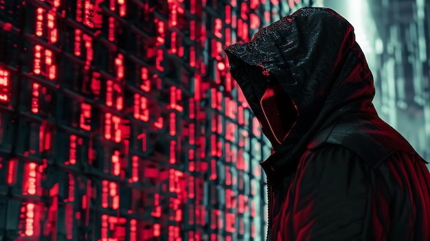 黒いマントとマスクを着た謎の人物が赤いライトの壁の前に立っています