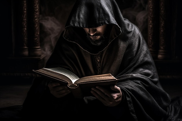 a mysterious figure in a cloak reading an ancient AI generation