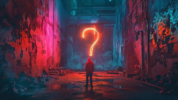 Photo mysterious figure facing a neon question mark in a dystopian alley