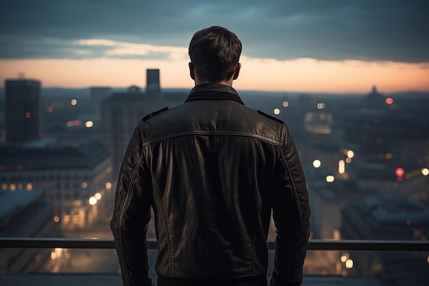 Mysterious Figure in Leather Jacket on Rooftop