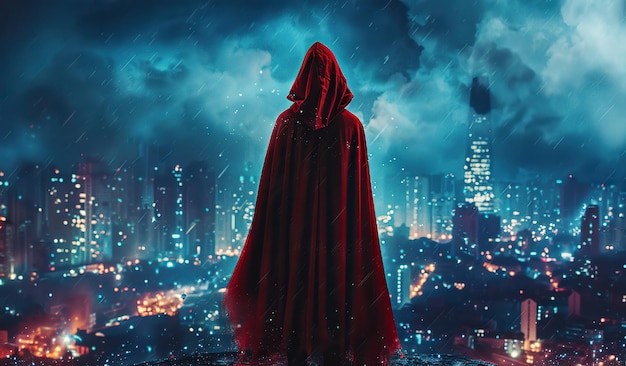 赤いマントを着た謎の人物が夜に都市景色を見下ろしている