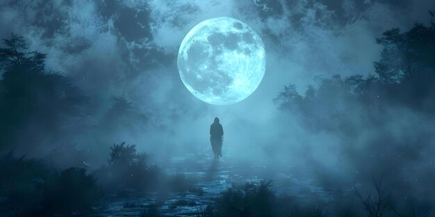 Photo mysterious figure roams through eerie woods under the light of a full moon concept mysterious figure eerie woods full moon night photography