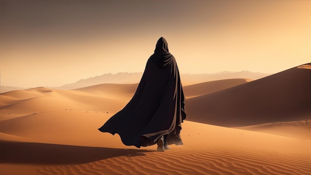 Mysterious figure in striking cloak walking through the desert