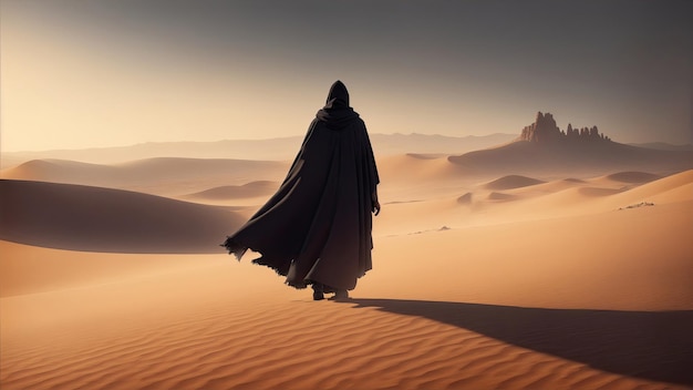 Mysterious figure in striking cloak walking through the desert