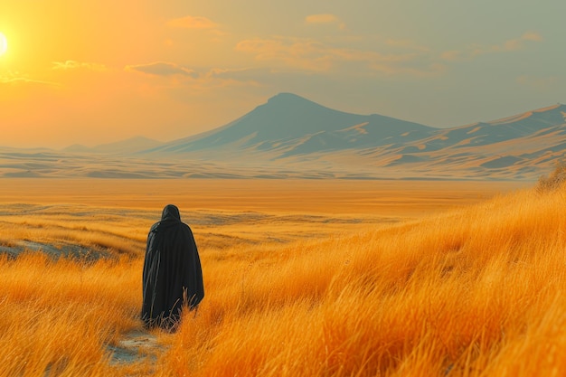 Mysterious Figure Walking in Golden Desert