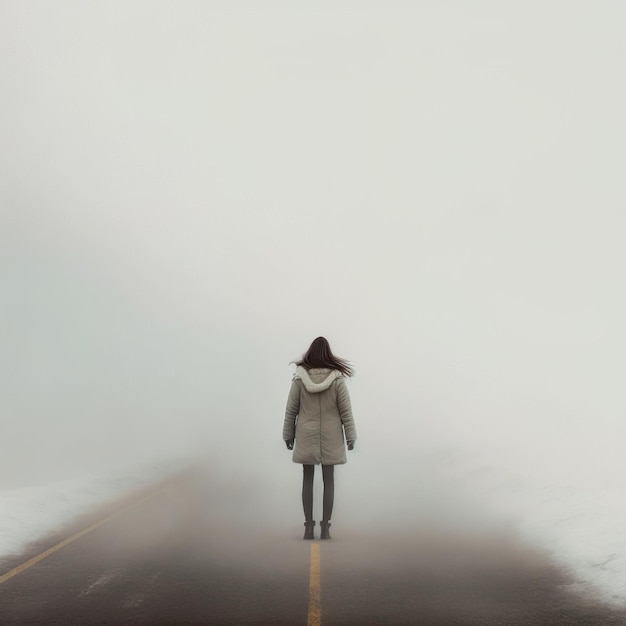 A mysterious figure walking On a moody foggy winter night generative ai