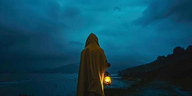 Photo mysterious figure with lantern on a coastal path at twiligh