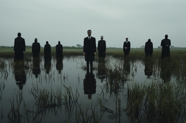 Mysterious Figures in Black Suits Converging on a Waterlogged Wetland