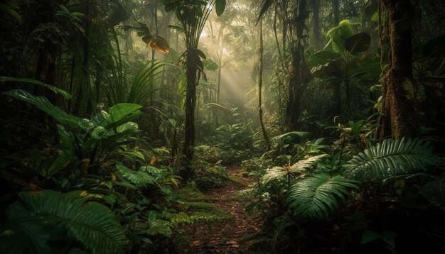 神秘的な霧が静かな熱帯雨林を覆い、人工知能によって生み出された自然の美しさと成長を明らかにします