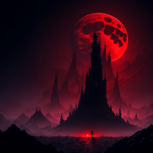 A mysterious fog shrouded landscape illuminated by a deep red blood moon ai generated