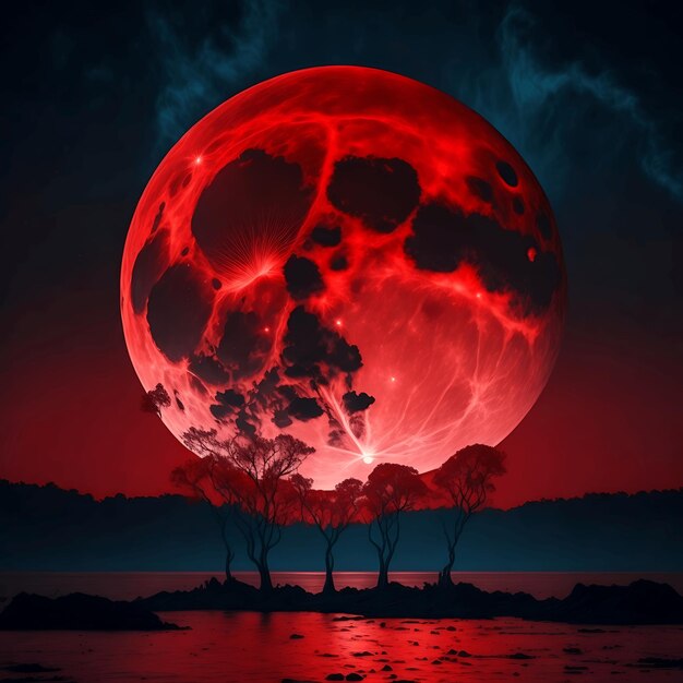 Foto un misterioso paesaggio avvolto da nebbia illuminato da una luna di sangue rosso intenso ai generato