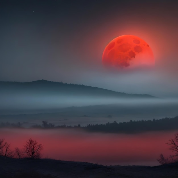 A mysterious fog shrouded landscape illuminated by a deep red blood moon