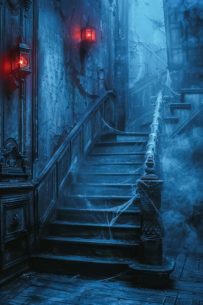 Foto misteriosa atmosfera nebbiosa in un interno abbandonato di colore blu con scala coperta di ragnatele e