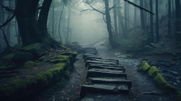 謎めいた霧の森の道の背景はジェネレーティブAI技術で作成されました