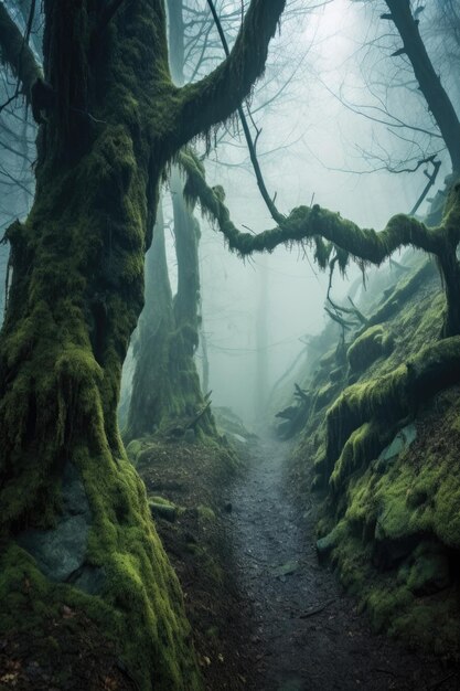 Mysterious foggy forest with mosscovered trees created with generative ai