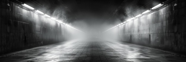 Таинственный туманный подземный проход с освещенными потолочными фонарями