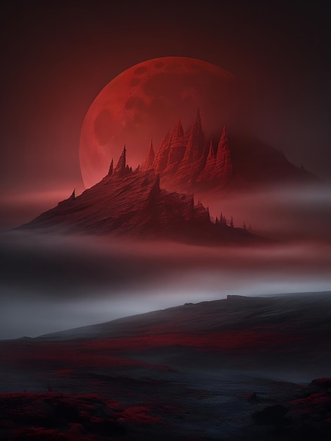 Mysterious fogshrouded landscape by a deep red blood moon with dead tree