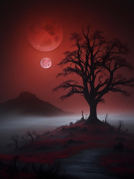 Mysterious fogshrouded landscape by a deep red blood moon with dead tree