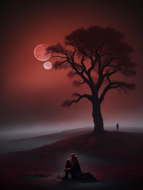 Mysterious fogshrouded landscape by a deep red blood moon with dead tree