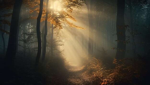Mysterious forest in autumn beauty in nature generated by AI