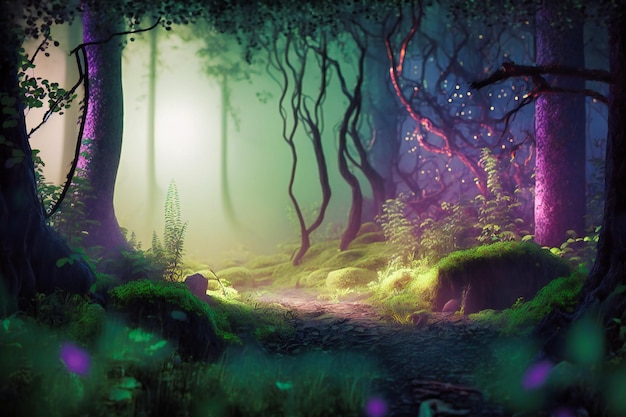 Photo a mysterious forest filled with mist shadows and whispers of magic