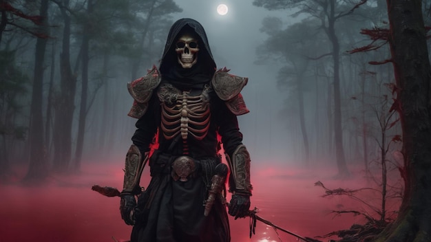 a mysterious forest under the light of a red moon and a skull with armor
