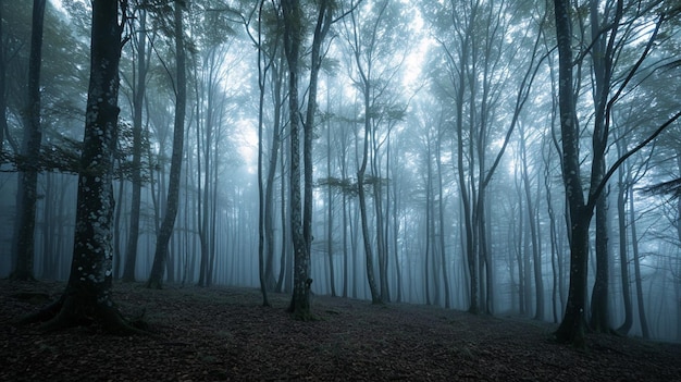 Photo mysterious forest in the mist generative ai