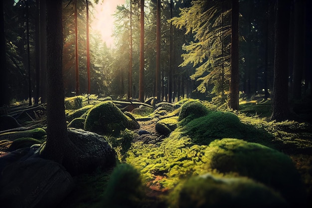 Mysterious forest in the morning light generative ai