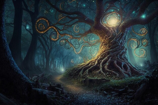 謎の森 夜のハロウィン 秘密の夜の空間 魔法の自然 魔術師の家