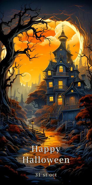 A mysterious forest and an old wooden house under a big moon Happy Halloween