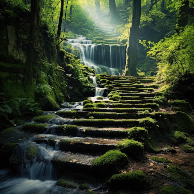 Mysterious forest path leading to a hidden waterfall