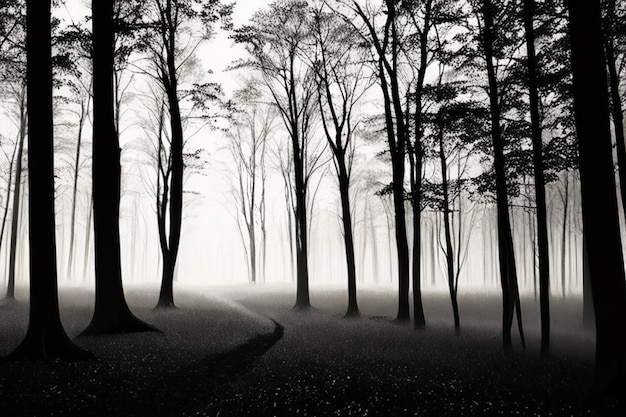 神秘的な森のシルエットの静かな風景白黒